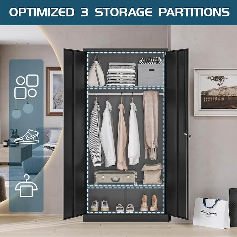 Metal Armoire, Wardrobe Cabinet with Hanging Rod and 1 Shelf Metal Storage Locker Clothes Organizer Closet - 70"H