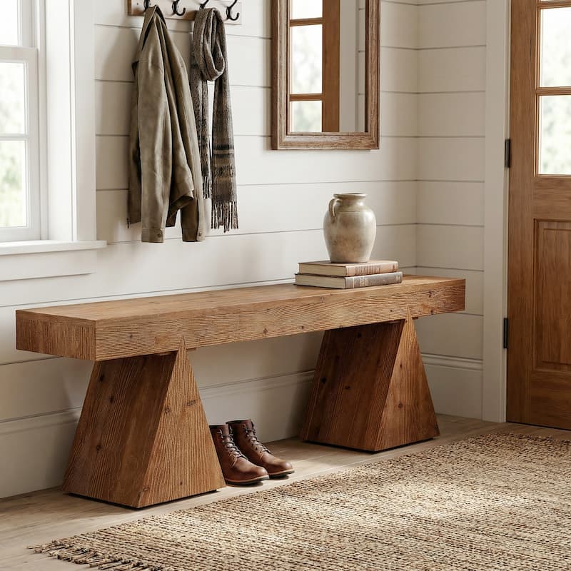 Solid Wood Rustic Indoor Bench, 63" Farmhouse Entryway Benches