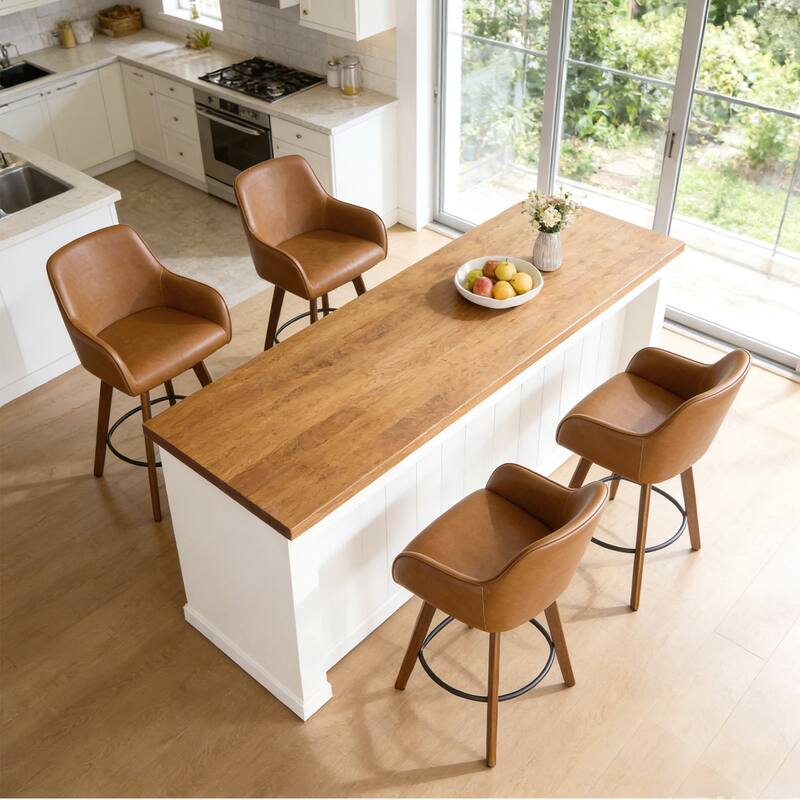25 Inch Upholstered Swivel Counter Height Bar Stool with Armrests, Solid Wood Legs - 23.6"W x 22.4"D x 40.2"H