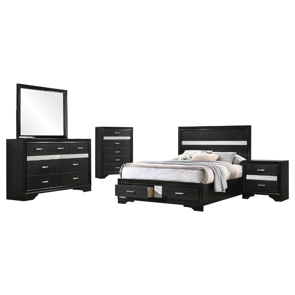 Vino Black 5 Piece Full Bed Set with Storage, Dressers, Glitter Accent