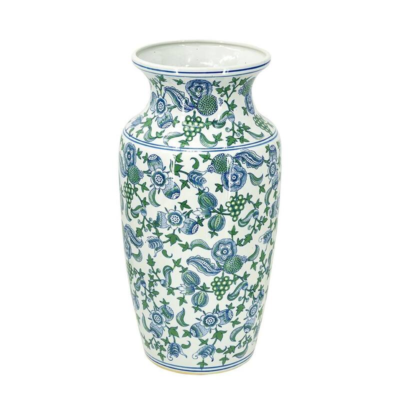 24" White Blue And Green And White Chinoiserie Porcelain Table Vase - 12.00