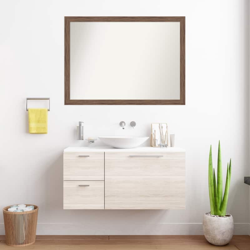 Pia Medium Brown Narrow Non-Beveled Framed Bathroom Vanity Wall Mirror - Pia Medium Brown Narrow