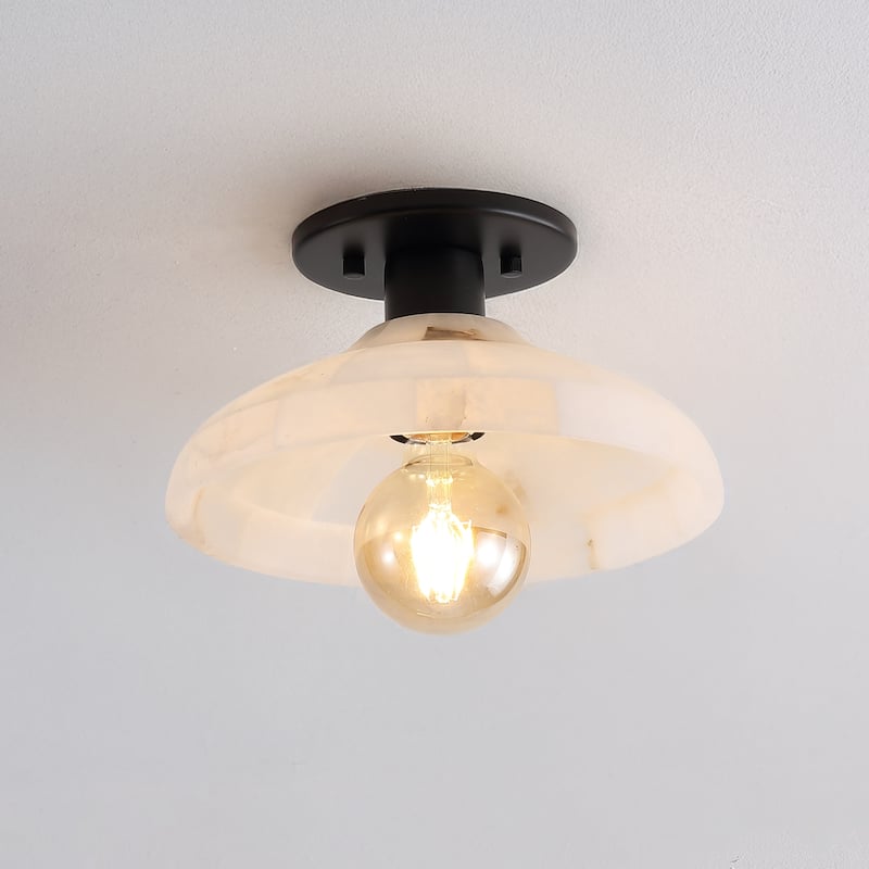 Aubrey 10" 1-Light Mid-Century Classic Alabaster/Iron LED Semi Flush Mount, White/Brass Gold, by JONATHAN Y