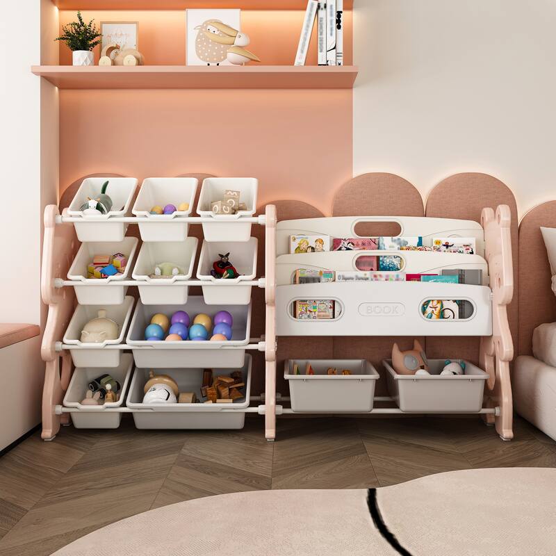 Kids Toy Storage Organizer, Toy Organizer with 2 Tier Bookshelf, Toy Storage with Shelf and 12 Toy Bins