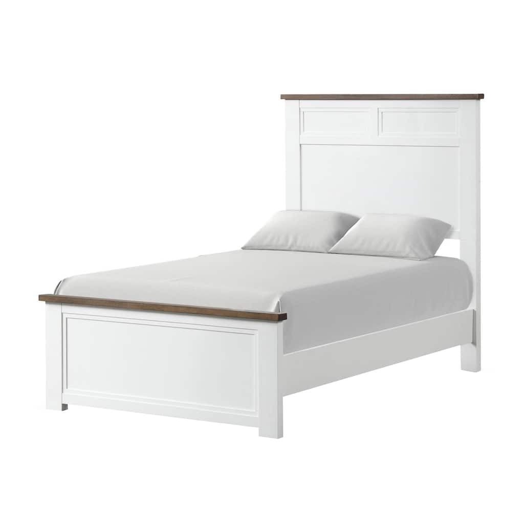 Wooden Twin-Size Bed with Recessed Panels in White and Dark Brown
