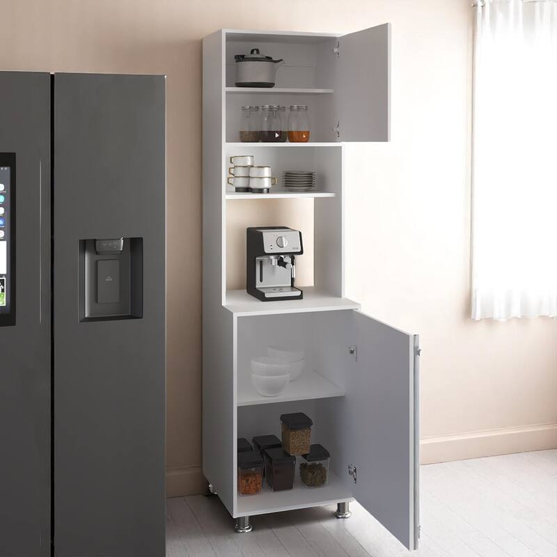 Freestanding White Pantry Cabinet with Open Center Shelf, Upper & Lower Doors, Compact Kitchen Storage