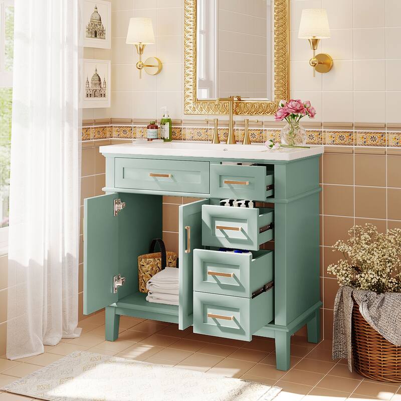 36 inch Solid Wood Bathroom Vanity with Ceramic Sink with Two Soft Close Doors and Four Drawers - 36''