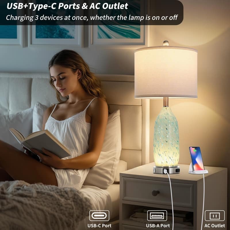 25" Coastal Bedside Table Lamps with 3-Way Touch Dimming and Charging Ports