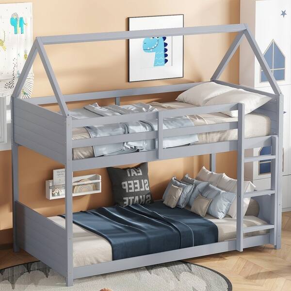 slide 2 of 15, Modern Twin over Twin House Floor Bunk Bed with Safety Guardrails Light Grey