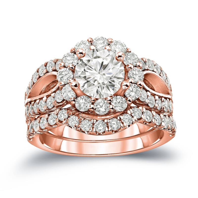 Auriya 14k Gold 2 1/3ctw Halo Diamond Engagement Ring Set Certified - Rose - 4