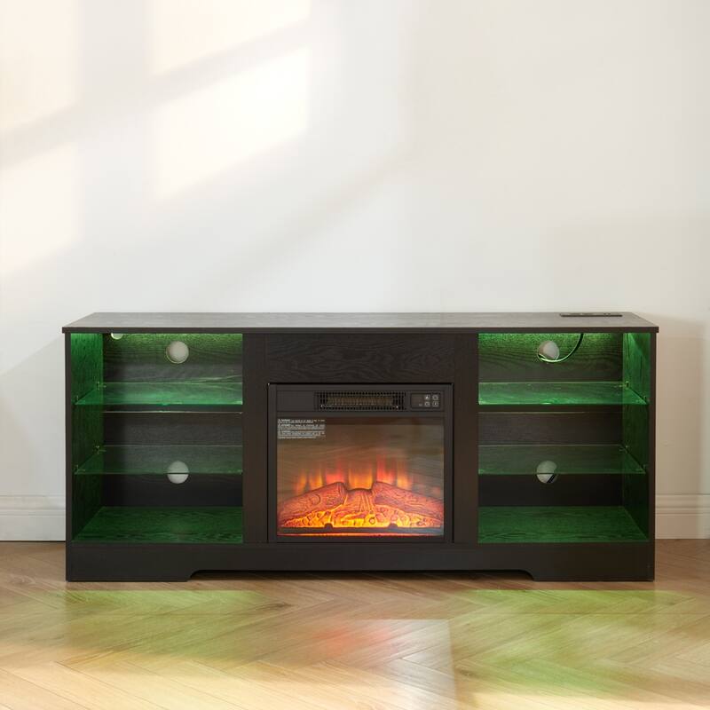 TV Stand Electric 3D Fireplace TV Stand with Glass Shelves