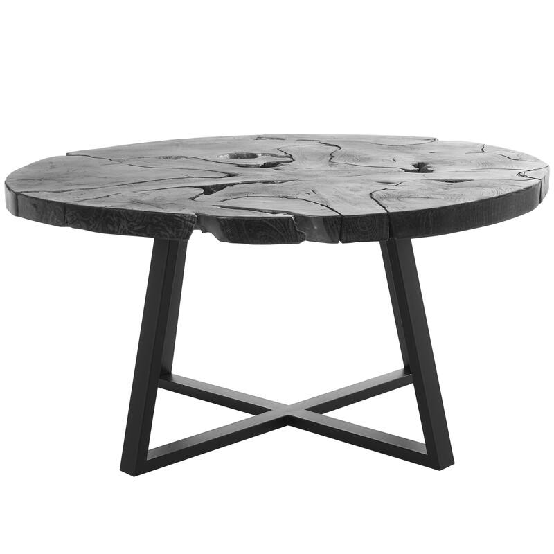 Teak Wood Geometric Handmade Live Edge Living Room Coffee Table with Black Metal Base - Black - Roche River Decor