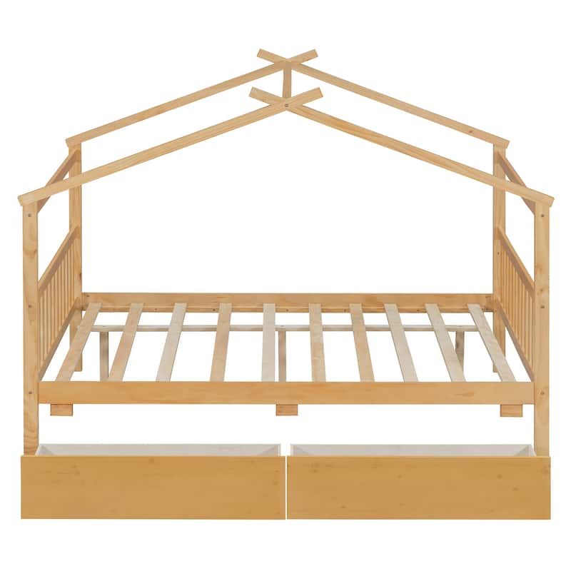 Creativity House Bed Full Size Frame with 2 Wood Drawers for Boys Girls, Wood Platform Bed with Roof No Box Spring Needed