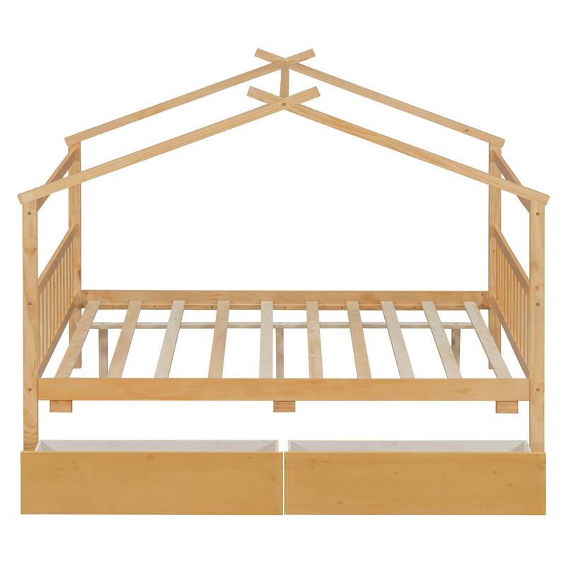 Full Size Wooden House Bed with Drawers, Natural Finish, Sturdy Pinewood Construction