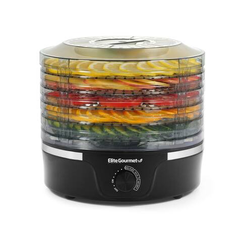 Elite Gourmet Food Dehydrator with Adjustable Temperature Dial and 5 Trays, Black with Clear Trays