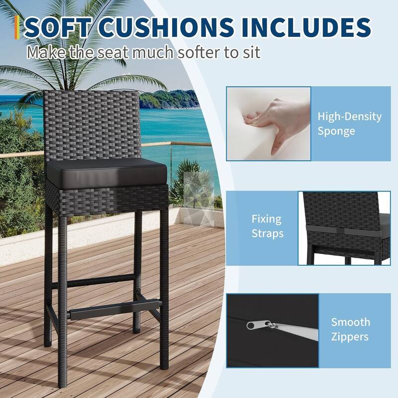 Patio Rattan Bar Stool with Cushions for Indoor Outdoor