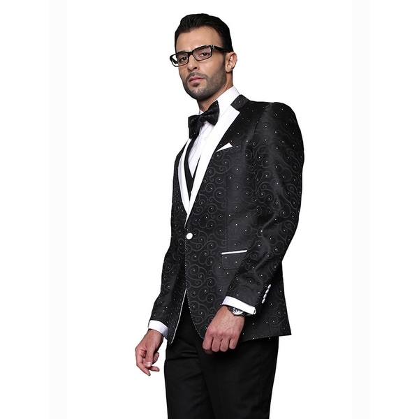 BELLAGIO Men's 3pc BLACK Suit, Modern Fit, 2 Button, 2 Side Vent, solid black Flat Front Pants