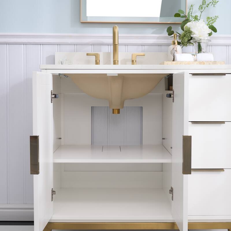 35''H Solid Wood Bath Vanity with Stain-resistant Carrera White Quartz Top and Sink