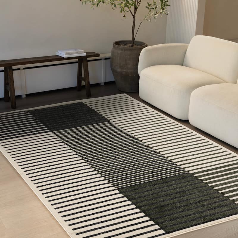 Green Black White Modern Striped High-Traffic Area Rug
