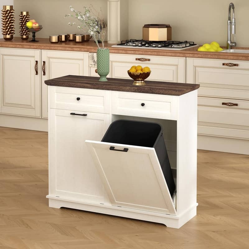 20 Gallon Double Tilt-Out Trash Can Cabinet, Freestanding Wooden Garbage & Recycling Bin with Hideaway Drawer