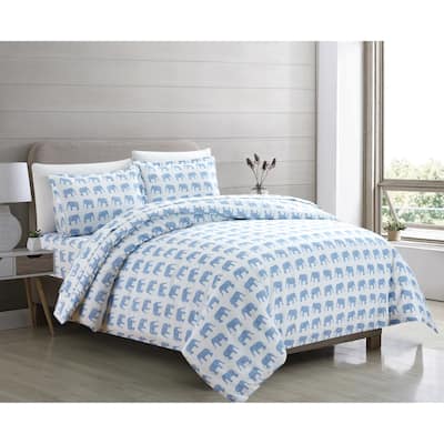 Printed Design Cotton Collection 400 Thread Count Light Blue Elephants Duvet Set