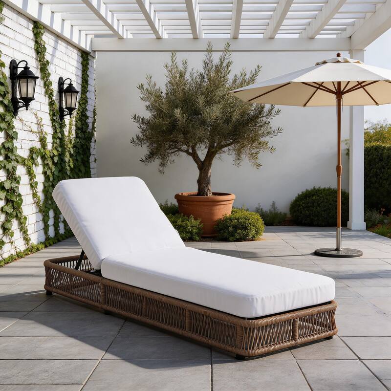 Woven Rattan Outdoor Chaise Lounge With Cushion - White/Brown Frame