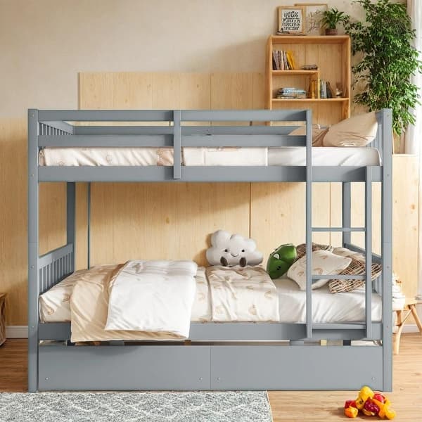 slide 2 of 36, Full Over Full Rubber Wood Bunk Bed with 2 Drawers, Detachable Beds Grey