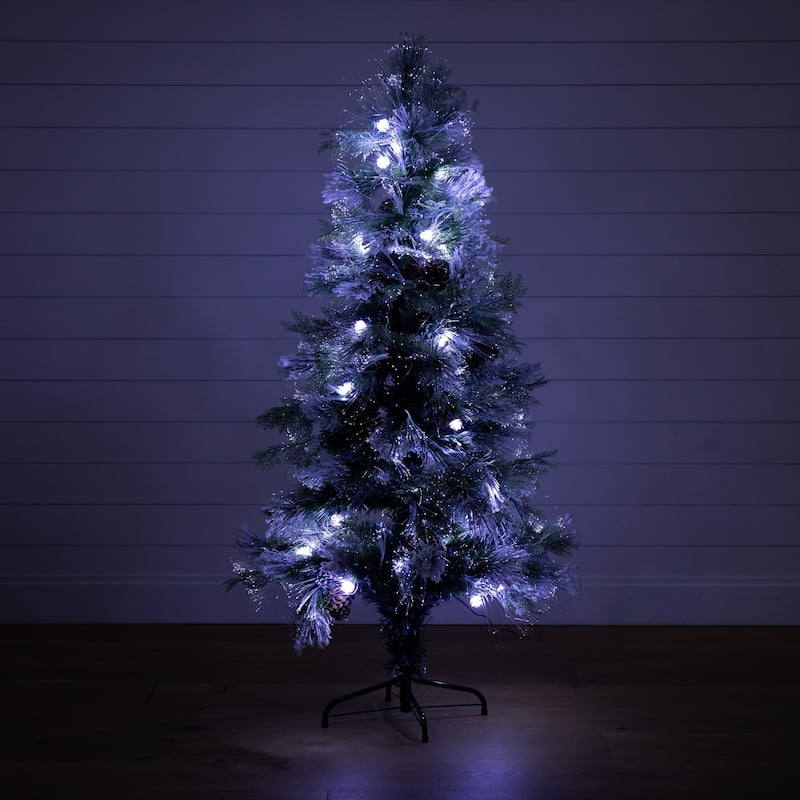 5' Flocked Pre-Lit Fiber Optic Artificial Christmas Tree, White LED Lights - 5 Foot