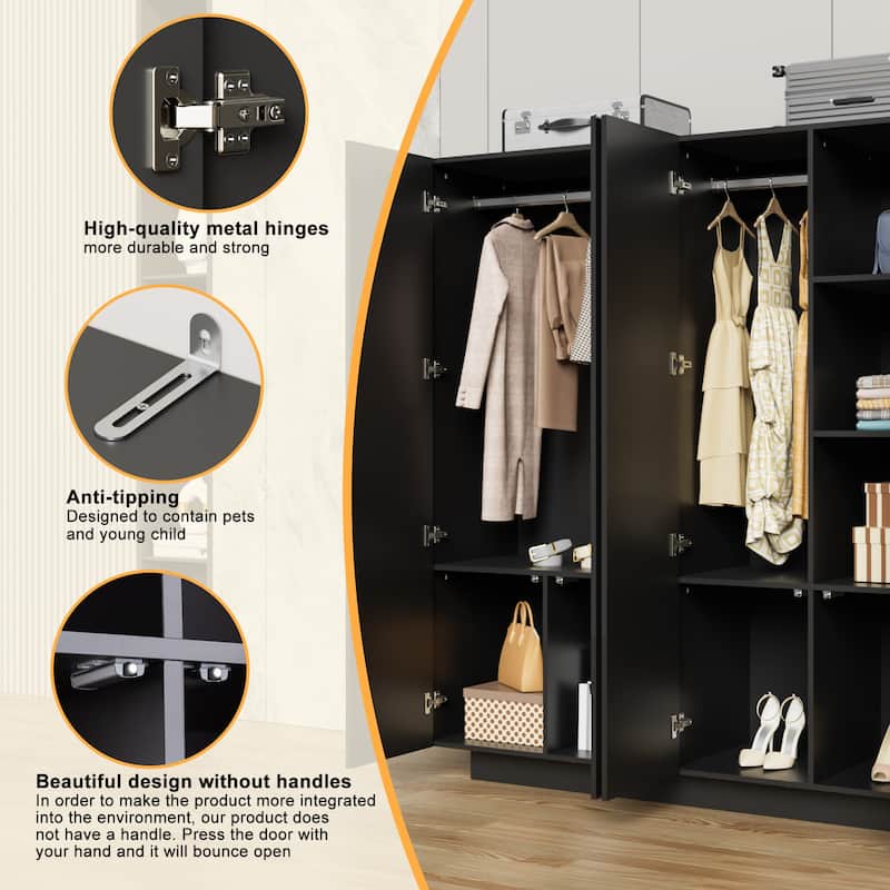 63"W Family 4-Door Wardrobe Armoire Closet Storage LED Light High Gloss - N/A