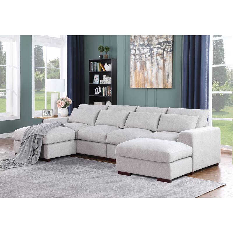 Linen Blend Sectional with 2 Ottomans