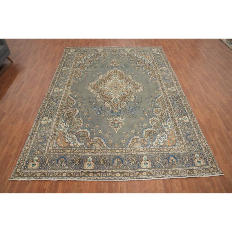 Hand Knotted Oriental 100% Wool Carpet Traditional Floral Greys & Charcoal Tabriz Area Rug - 12' 10'' X 9' 7''