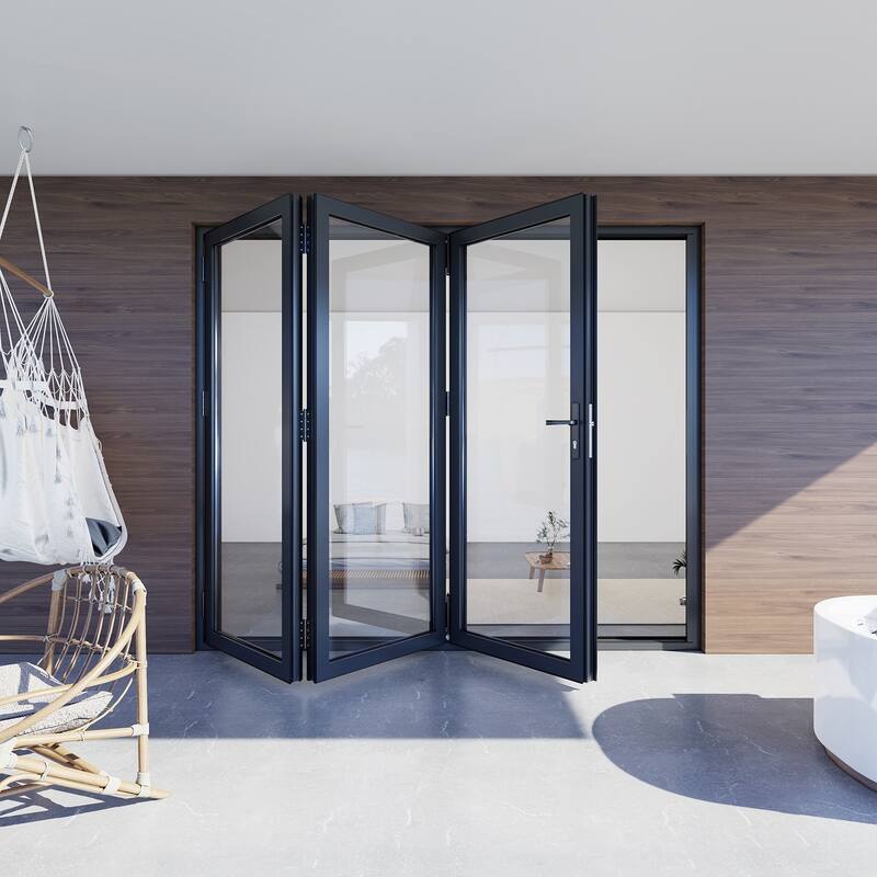 KaMic 108"×96" 3 Panels Aluminum Folding Door In Black,Folded Out From Right To Left Model #:FD3PBK10896-RL