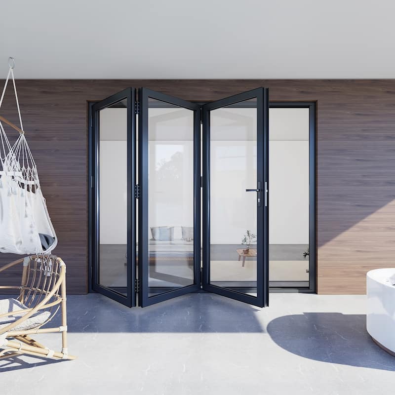 KaMic 108" x 80" 3 Panels Aluminum Folding Doors in Black, Folded Out from Right to Left Model #: FD3PBK10880-RL