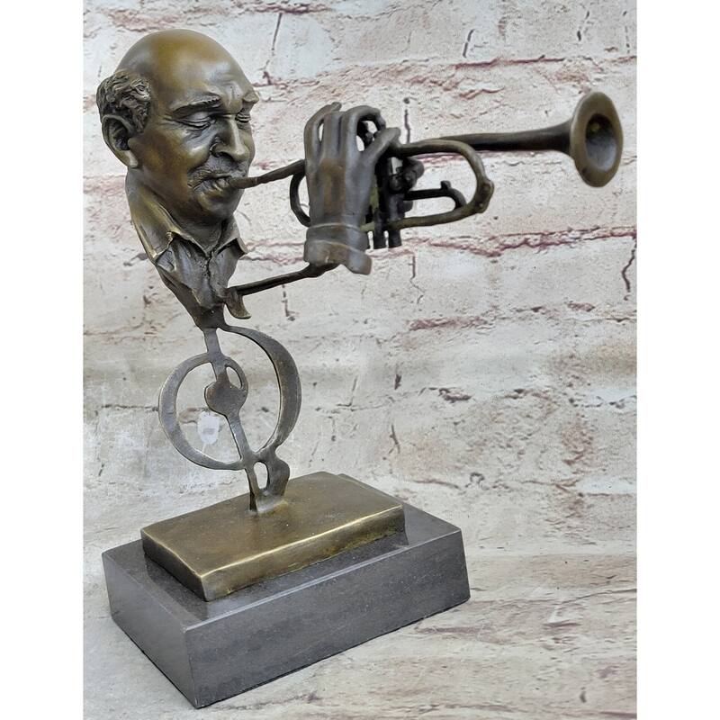 Abstract Bronze Metal Bust Sculpture Statue Of Trumpet Player On Marble Base Signed Art