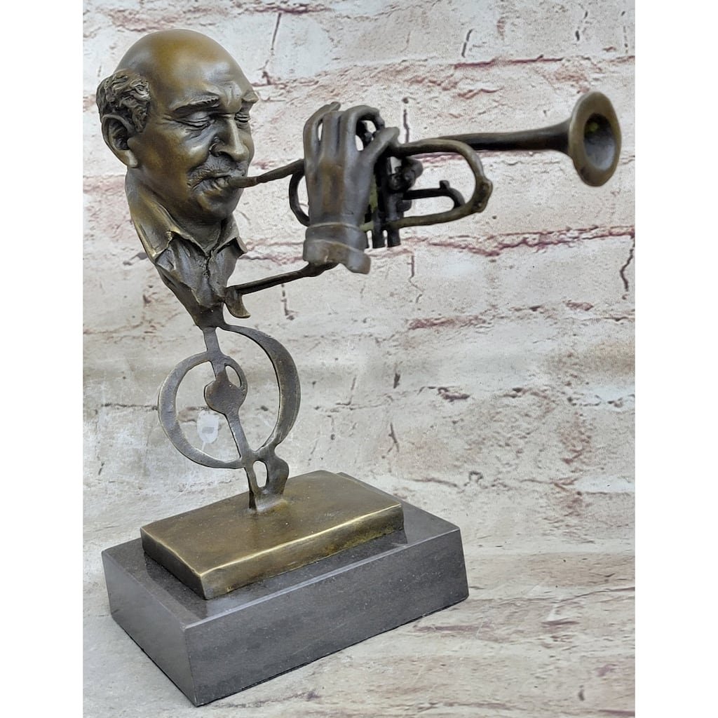 Abstract Bronze Metal Bust Sculpture Statue Of Trumpet Player On Marble Base Signed Art