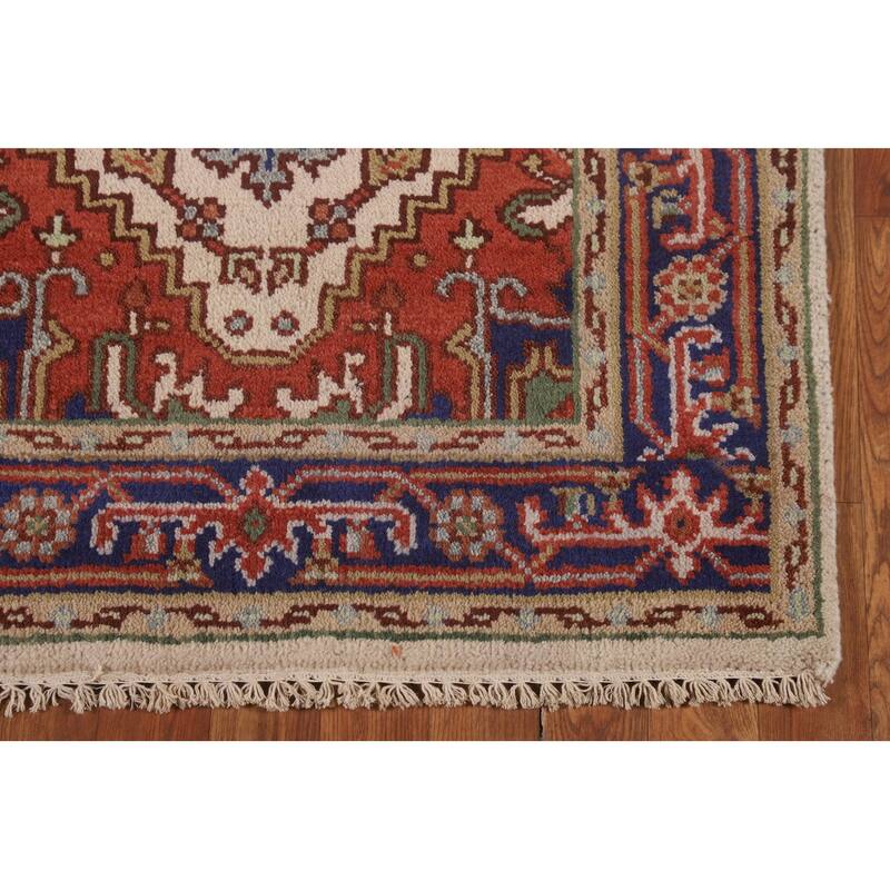 Ivory Geometric Heriz Serapi Indian Foyer Rug Hand-Knotted Wool Carpet - 3'0"x 4'11"