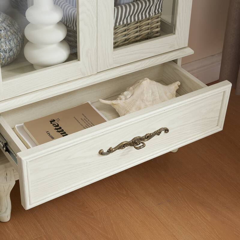 Anmytek 52 Tall Glass Display Curio Cabinet with LED Lights & Adjustable Shelves Whitewashed Farmhous