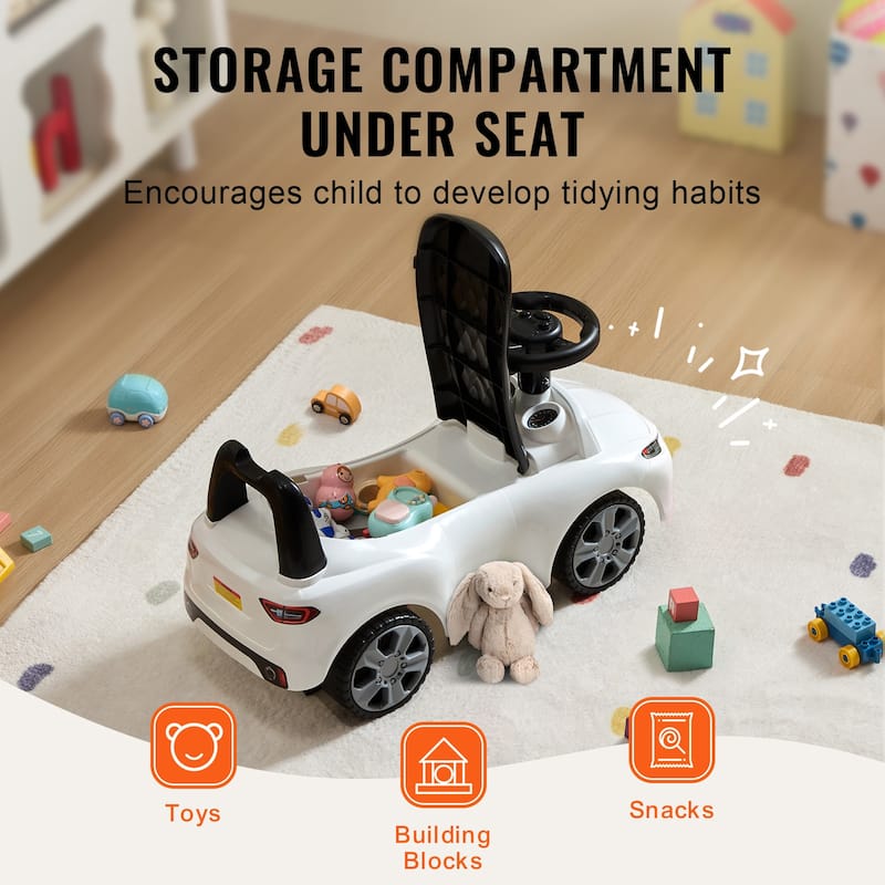 Toddler Ride On Push Car for Ages 1-3, White with Music Steering Wheel & Storage, Sit-to-Stand