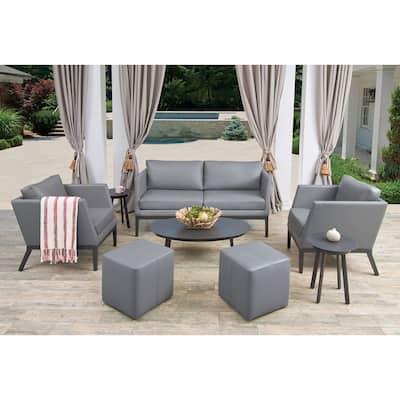 Oxford Garden Salino 8-piece Nickel Nauticau Synthetic Leather Sofa, Club Chairs, Ottoman Poufs, and Eiland Tables Chat Set