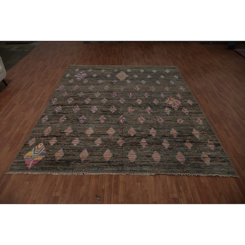 Hand Knotted Oriental 100% Wool Carpet Modern Geometric Greys & Charcoal Moroccan Area Rug - 12' 0'' X 9' 5''