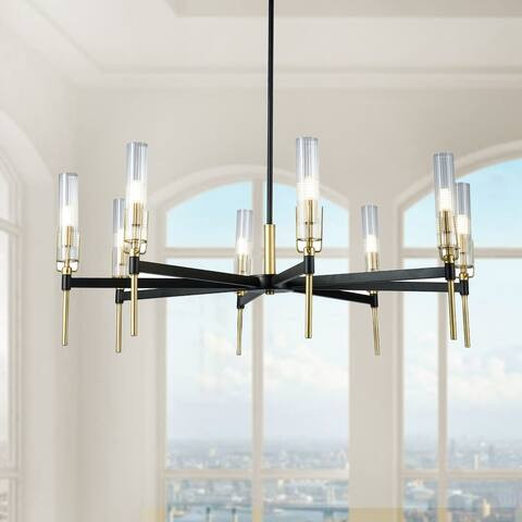 Hirsha Black and Gold 8-Light Torch Modern 33-Inch Chandelier with Glass Shade - Black-Gold