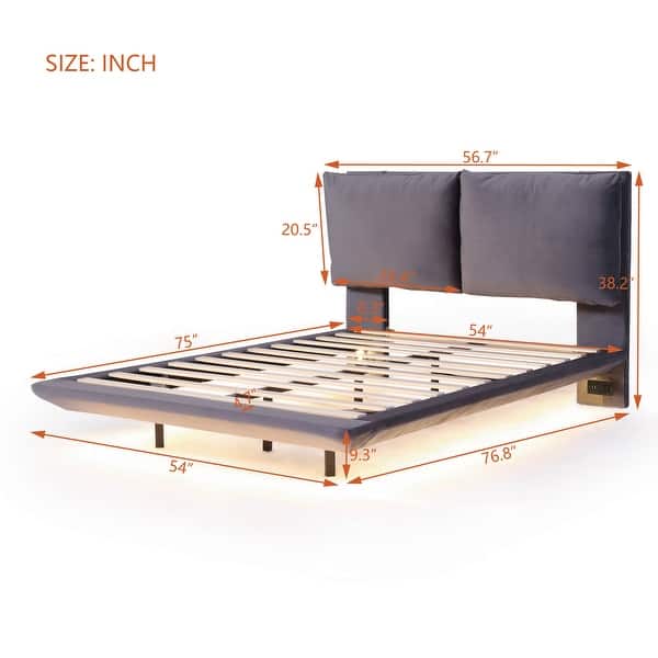 dimension image slide 0 of 2, Full Size Upholstered Platform Bed with Sensor Light and 2 Large Backrests, Stylish Platform Bed with 2 sets of USB Port