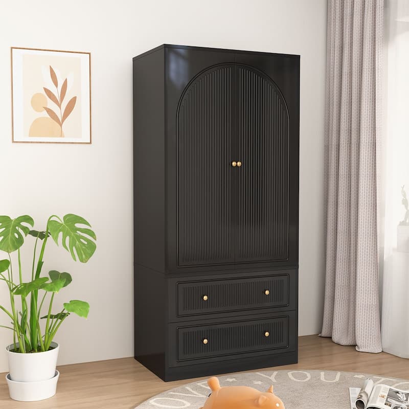 Gymojoy 71" Wardrobe Closet with 2 Doors & 2 Drawers, Modern White Wooden Armoire with Hanging Rod & Gold Handles - Black