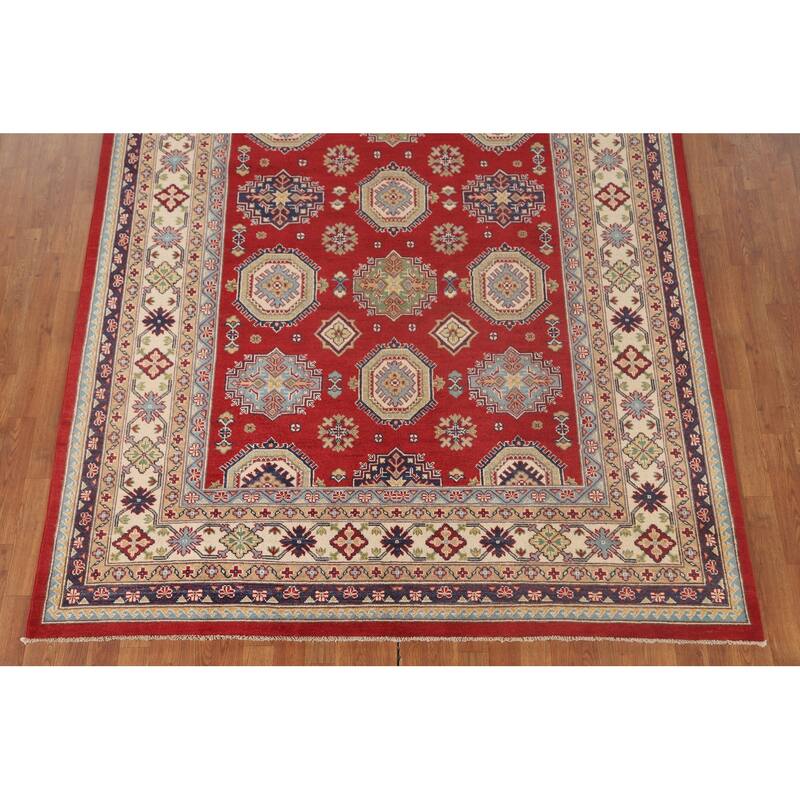 Kazak Oriental Area Rug Hand-Knotted Geometric Red Wool Carpet - 6'6"x 9'10"