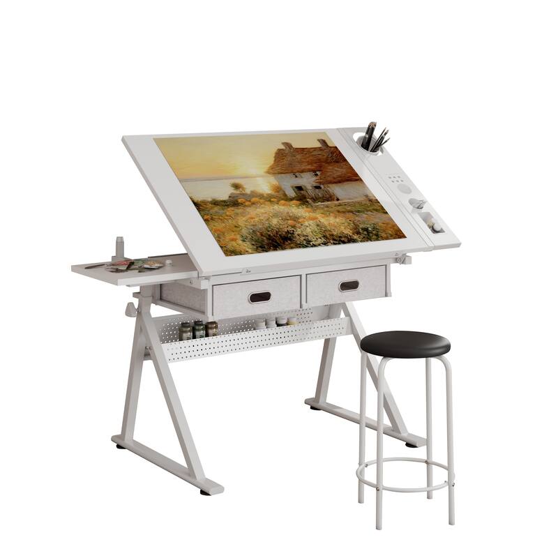Adjustable drawing drafting table desk with 2 drawers for home office and school with stool (all white)