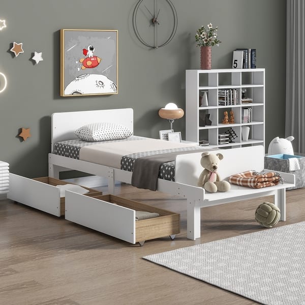 slide 2 of 7, Stylish Twin Size Platform Bed Frame w/ Footboard Bench and 2 Storage Drawers, Pine Wood Platform Bed Frame for Bedroom, White Twin - Twin White