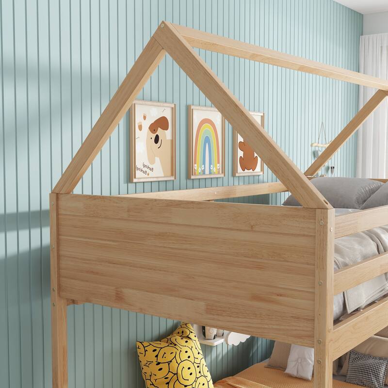 Twin Over Twin House Floor Bunk Bed with Headboards, Footboards and Guardrails, Ladder, with Safety Guardrails