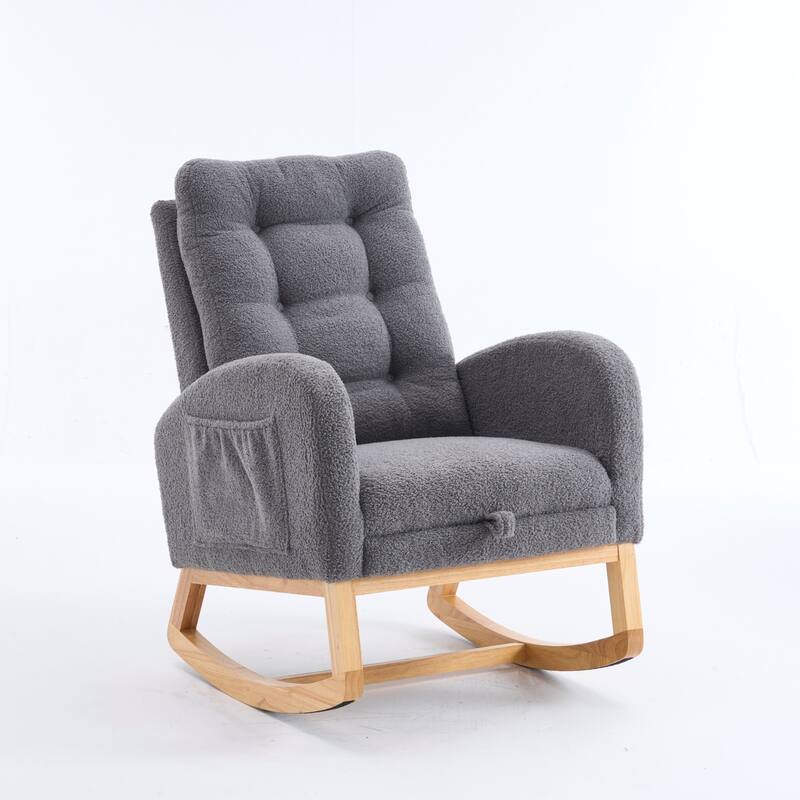 Accent Rocking Chair with Footrest & Storage Pocket, High-Back Rocker, Rubber Wood Lounge Chair