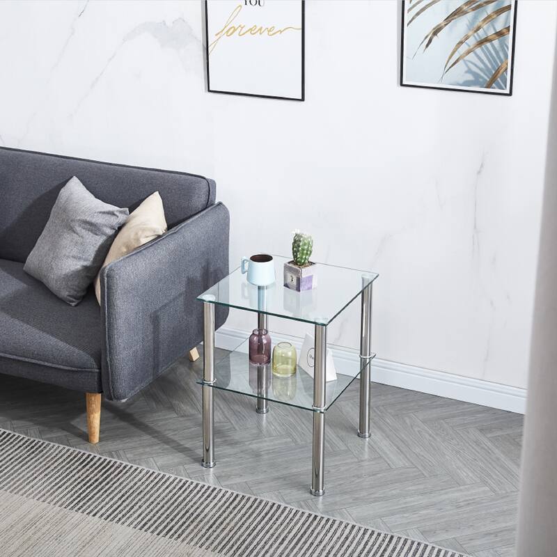 Set of 2 Tempered Glass 2-Tier Side Table with Storage Shelve