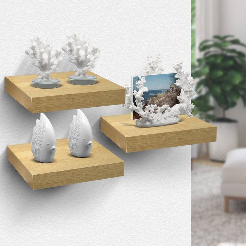 3 Pack Square Mounted Floating Shelves - Rustic Wood Display Ledge Storage Shelf - 9.25" L X 9.25" W X 1.5" H